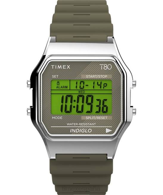 relojes | Timex reloj t80 de 34 mm con correa de resina tono plateado/verde hombres Z8X2267