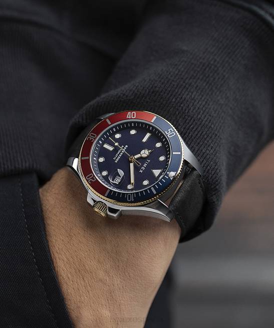relojes | Timex Reloj Harborside Coast automático de 43 mm con correa de cuero bicolor/marrón/azul/otro hombres Z8X2129