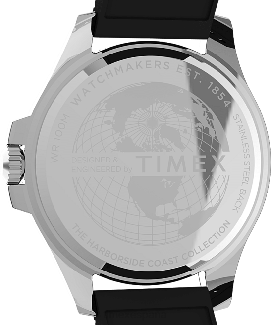 relojes | Timex Reloj Harbourside Coast de 43 mm con correa de caucho tono plateado/negro hombres Z8X2130