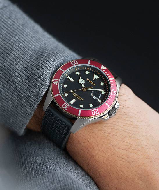 relojes | Timex Reloj Harbourside Coast de 43 mm con correa de caucho tono plateado/negro/rojo hombres Z8X2131