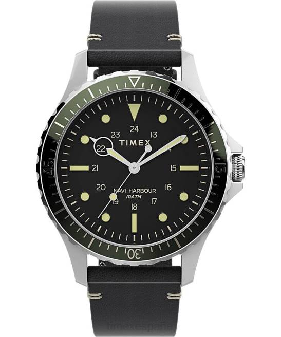 relojes | Timex reloj navi xl de 41 mm con correa de cuero acero inoxidable/negro/verde hombres Z8X2116