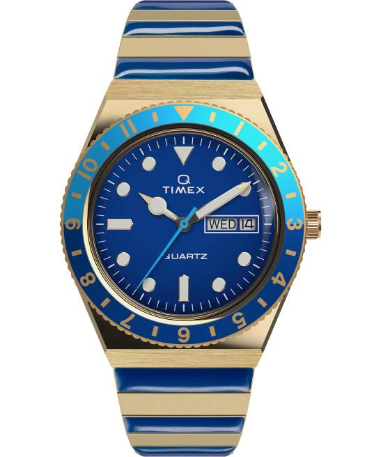 relojes | Q Timex reloj malibu de 36 mm con correa de expansión de acero inoxidable tono dorado/azul mujer Z8X2335