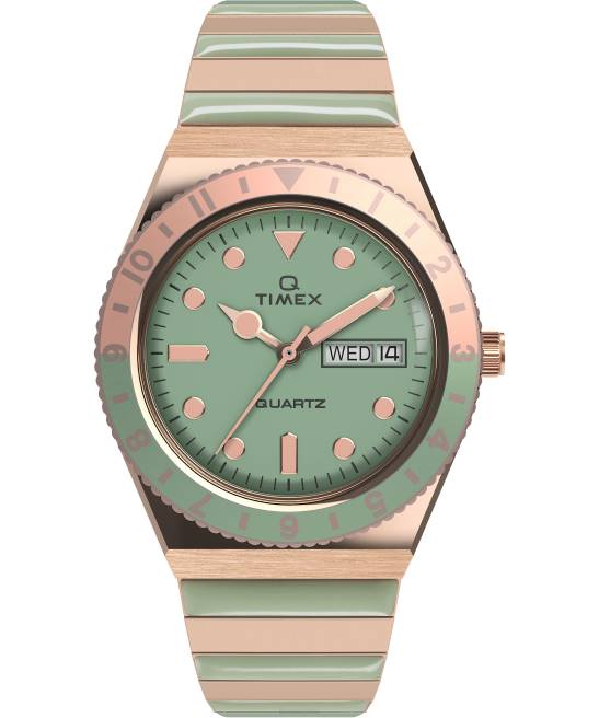 relojes | Q Timex reloj malibu de 36 mm con correa de expansión de acero inoxidable tono oro rosa/verde mujer Z8X2338