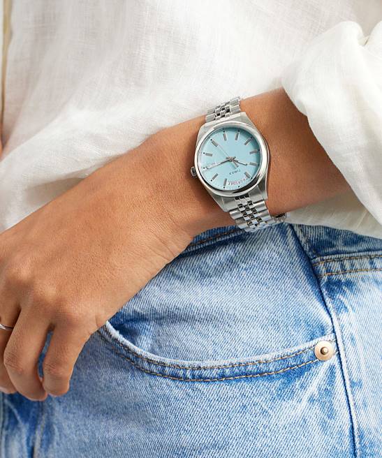 relojes | Timex Reloj Legacy con fecha y día de 36 mm con pulsera de acero inoxidable. tono plateado/azul mujer Z8X2375