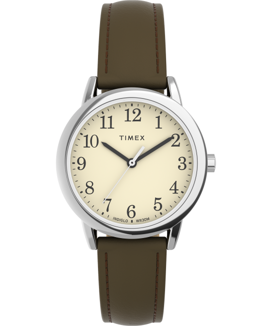 relojes | Timex Reloj Easy Reader de 30 mm con correa de cuero ajustable de una sola vez tono plateado/marrón/crema mujer Z8X2396