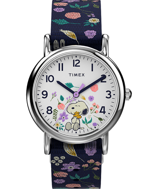 relojes | Timex Reloj Weekender x Peanuts floral de 31 mm con correa de tela tono plateado/azul/blanco mujer Z8X2399